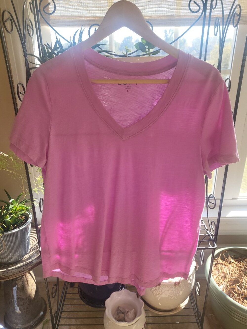 LOFT Women's V-Neck Tee Short Sleeve Orchid Pink Slub Knit Size L